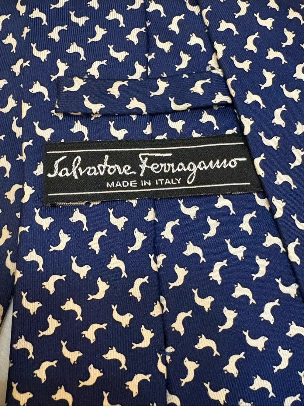 Salvatore Ferragamo Navy Tie with white Seals, new. 100% silk